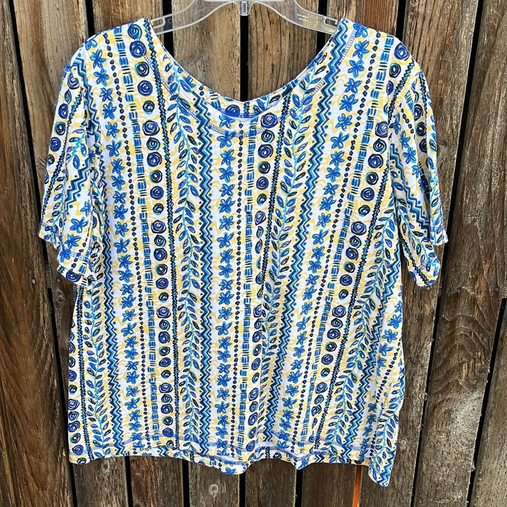 90s Hunt Club Mom T-shirt Top Tee Vneck 1X Abstract Stripes Geometric Blue